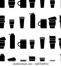 Many scattered coffee tea mugs. Cups for drinks to take away. Vector seamless pattern. Zero waste reusable cups icons. Hand drawn, flat. Eco background.
