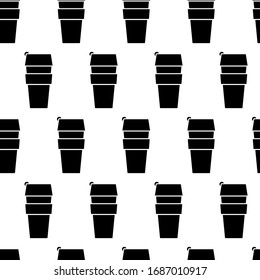 Many scattered coffee tea mugs. Cups for drinks to take away. Vector seamless pattern. Zero waste reusable cups icons. Hand drawn, flat. Eco background.
