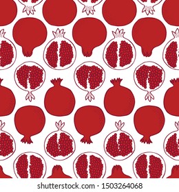 Many scattered pomegranetes, leaves and seeds. Vector seamless pattern for cards, prints, banners. 
