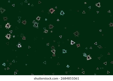 Muchos triángulos dispersos sobre un fondo verde. Cuenta con varios colores de Formas geométricas que crean un diseño abstracto texturizado con un patrón superpuesto.