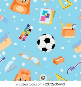 Many school supplies on light blue background. Pattern for desig