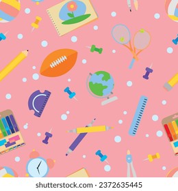 Many school supplies on pink background. Pattern for design