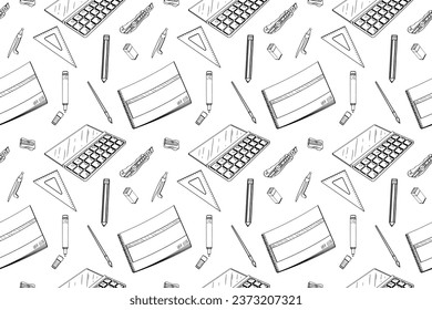 Many school supplies on white background. Pattern for design
