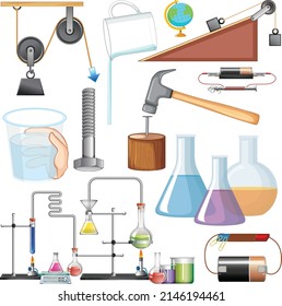Muchos equipos científicos en la ilustración de fondo blanco