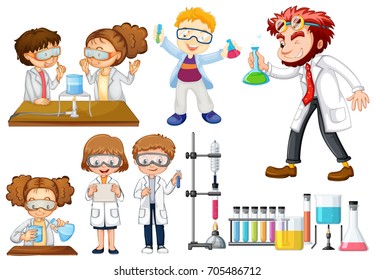 Many scientists and students doing experiments illustration