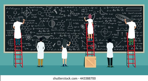 Many scientists are thinking and writing on the blackboard.