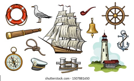 Many sea adventures. Anchor, wheel, Caravel, bollard, Seagull, bell, lifeline, lighthouse, captain's cap, sea knot, pipe.