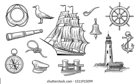 Many sea adventures. Anchor, wheel, Caravel, bollard, Seagull, bell, lifeline, lighthouse, captain's cap, sea knot, pipe.