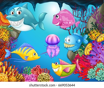 Many sea animals in the ocean illustration