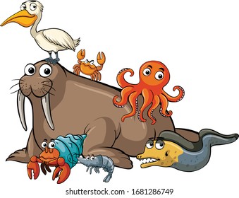 Many sea animals on white background illustration