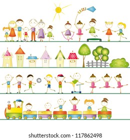 Many sets of boys, girls and family