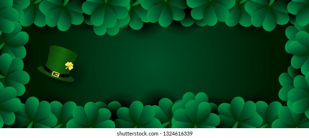 Many shamrock plants is picture with high hat of The Leprechaun and blank space for texts on green background. Saint Patrick's Day in vector and web design.