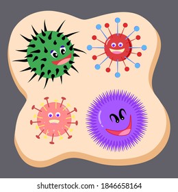 Muchas formas de virus en el personaje de la caricatura. Cara divertida y colorida. Ilustración de diseño plano.