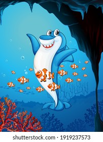 Many sharks cartoon character in the underwater background illustration