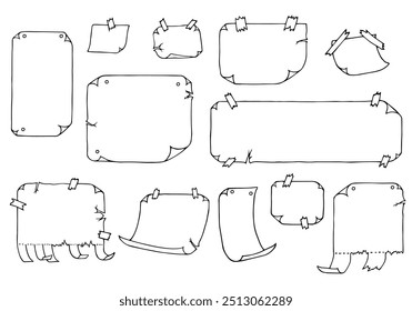 Muchas hojas en el tablón de anuncios. Dibujo a mano alzada. Doodle. Dibujado a mano. Esquema. Imprimir.	 
