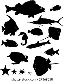 Many silhouettes of fish and other water animals