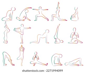 Many silhouettes of human doing yoga on white background