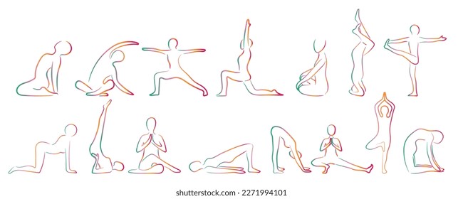 Many silhouettes of human doing yoga on white background