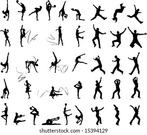 Many silhouettes of people in action