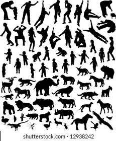 many silhouettes of people and animal in action and in place