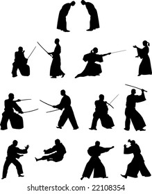 Many silhouettes of samurai combat with swords and without