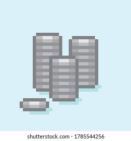 Muchas monedas de plata de arte en píxeles. Imagen vectorial.