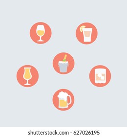 many simple Different drinks buttons icons menu of Alcohol like champagne, beer, vodka with bottle and glass vector in a rounded circle for web & app