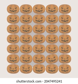 Muchas lámparas simples de calabaza naranja de halloween en la ilustración vectorial de fondo marrón claro