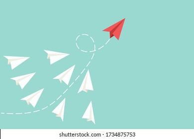 Many simple paper planes flying isolated on blue background. One first plane is red and with a trace of dashed lines. Copy space for design or text. Flat style vector illustration