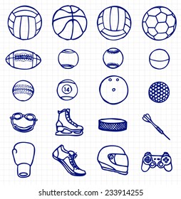 Many Sketched  Sport Items, Free Hand Sketch, Outlines