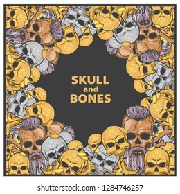 Many skull and bones, vector illustration isolated on dark background
