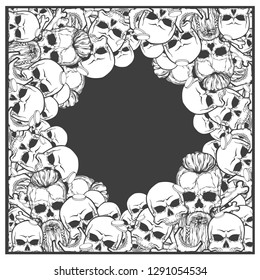Many skull and bones, vector illustration isolated on dark background, black and white version