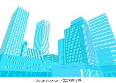 Many skyscrapers in blue colors isolated on a dark background. Bottom view. Flat style. Vector illustration.