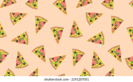 Many slices of delicious pizza on beige background. Pattern for 