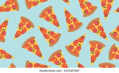 Many slices of delicious pizza on light blue background. Pattern