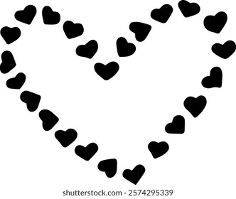 Many small black hearts are forming a large heart shape on a clean white background, creating a simple yet striking visual representation of love and affection