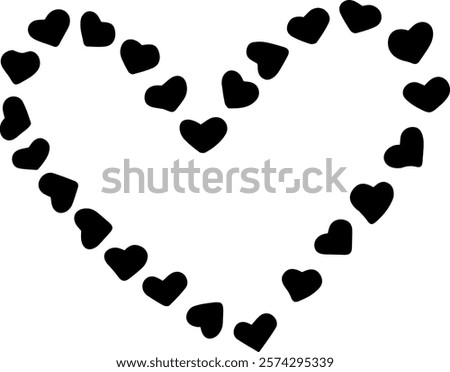 Many small black hearts are forming a large heart shape on a clean white background, creating a simple yet striking visual representation of love and affection