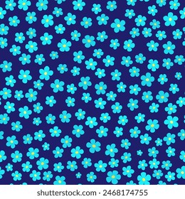 Many small blue flowers on dark blue background. Randomly seamless pattern with flowers. Forget-me-not flower. Design in rustic style for girls. Vector illustration for paper, textile, cards.