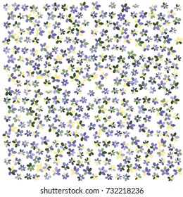 Many Small Blue, Green, Yellow and Black Flowers on White Background