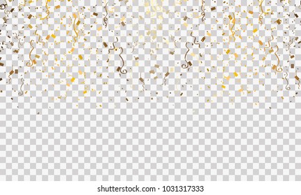 Many small candy and gold ribbons are falling apart from the backdrop of celebrations and party colors.