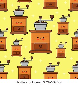 Muchos molinillos de café de dibujos animados Pequeños con caras sonrientes y granos de café formando un patrón de repetición sin fisuras sobre un fondo amarillo vibrante, creando un diseño encantador y alegre