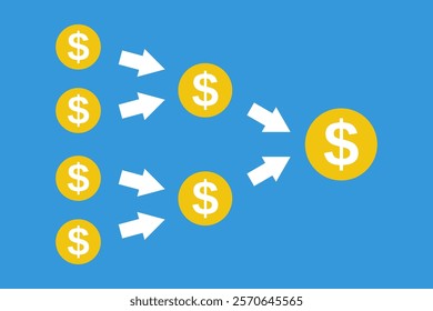 many small coins multiple to one big, successful business strategy, growth marketing plan, mergers and acquisitions concept, increase profit vector illustration