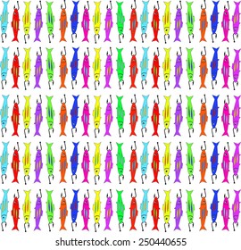 Many small colored fishes with hook on white background