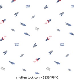 Many small colored rockets, stars and spaceships. Vector illustration.
