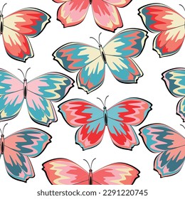 Many Small decorative flowers and butterflies on white background vector illustration for design cambric fabric. Carnival butterfly, festive seamless pattern. 