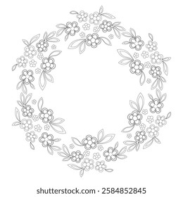 Many small flowers romantic frame coloring page. Floral wreath of flowers and leaves in country style. Monochrome flowers tattoo pattern. Black and white graceful floral illustration. Summer mandala.