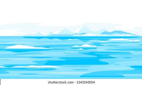 Many small fragments of icebergs in ocean water, melting glaciers nature illustration landscape, global climate change concept, 