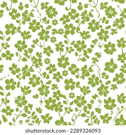 Many Small Green Flowers of Different Shape and Opacity on White Background,Abstract Cute Hand Drawing Mono Retro Flowers and Leaves Seamless Vector Pattern Isolated Background