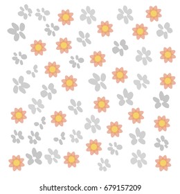 Many Small Grey, Orange and Yellow Flowers on White Background