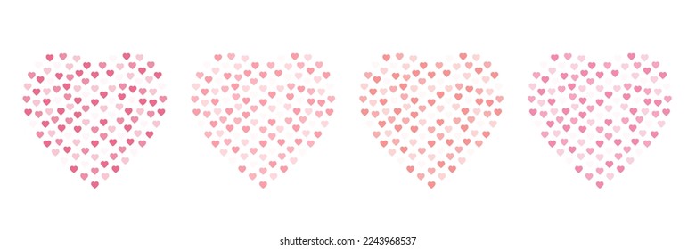 Many small hearts of different colors in heart shape isolated on white. Soft pink shades, flat design. Vector for romantic and wedding design, Valentine's, Mother's and Father's day greeting card.